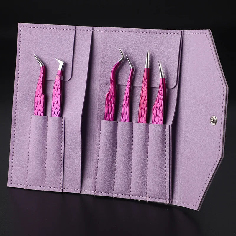 6 Pcs High-Precision False Eyelash Tweezers Set for Beginner Fake Eyelash Extension Individual Curved Strip Nail Art Makeup Tool