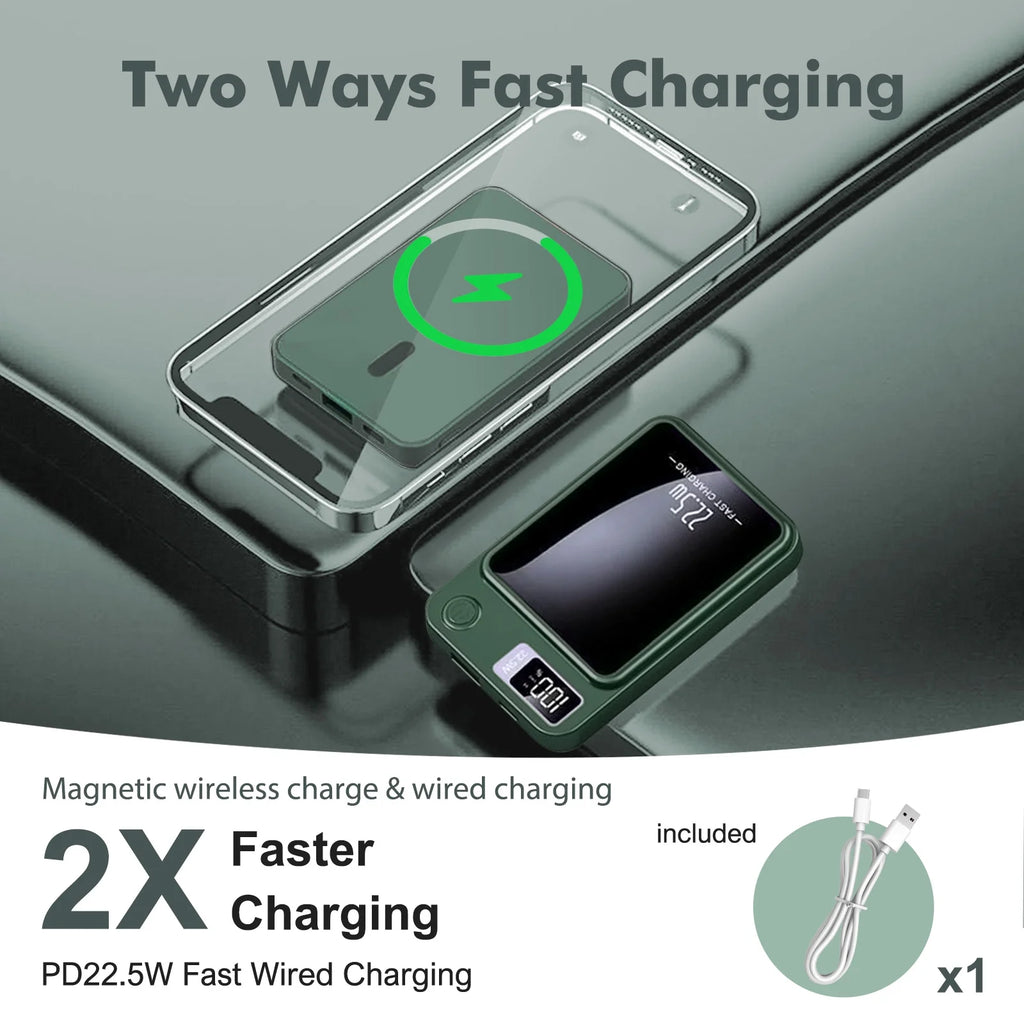 Power Bank,10000Mah 22.5W Fast Charging Portable Charger,2 in 1 Wireless Power Bank with LED Display Compatible with Iphone 8 above Series,Green