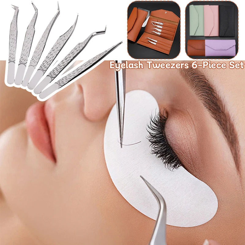 6 Pcs High-Precision False Eyelash Tweezers Set for Beginner Fake Eyelash Extension Individual Curved Strip Nail Art Makeup Tool